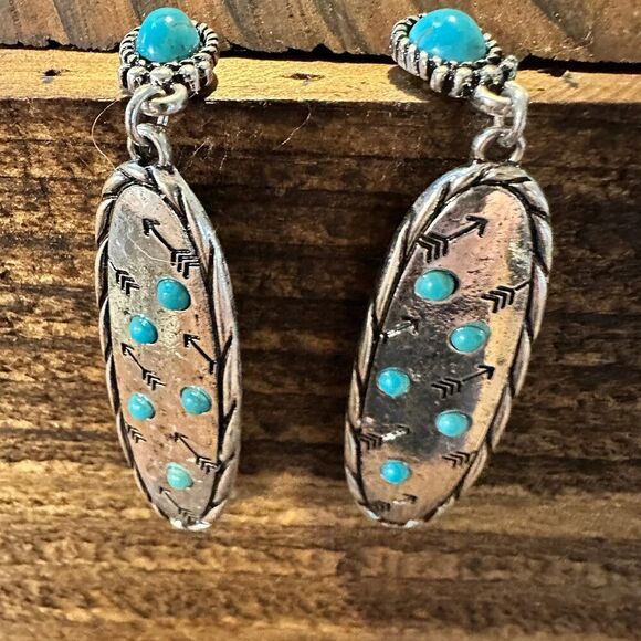 Boho Hippie Cowgirl Western Stamped Stone Earrings - Cactus Thunderbolt Arrows, - Picture 1 of 7